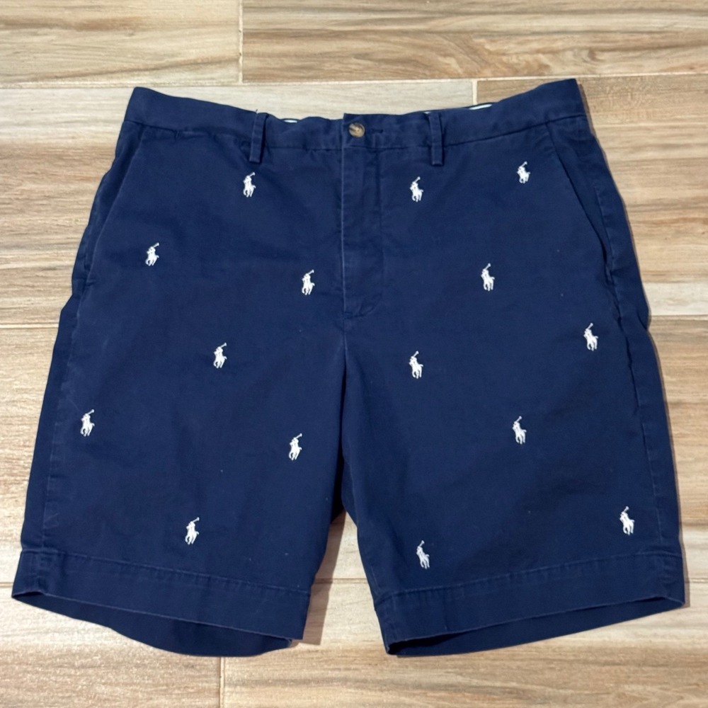 Polo Ralph Lauren Mens Navy Blue All Over Pony Embroidered Chino Shorts 34